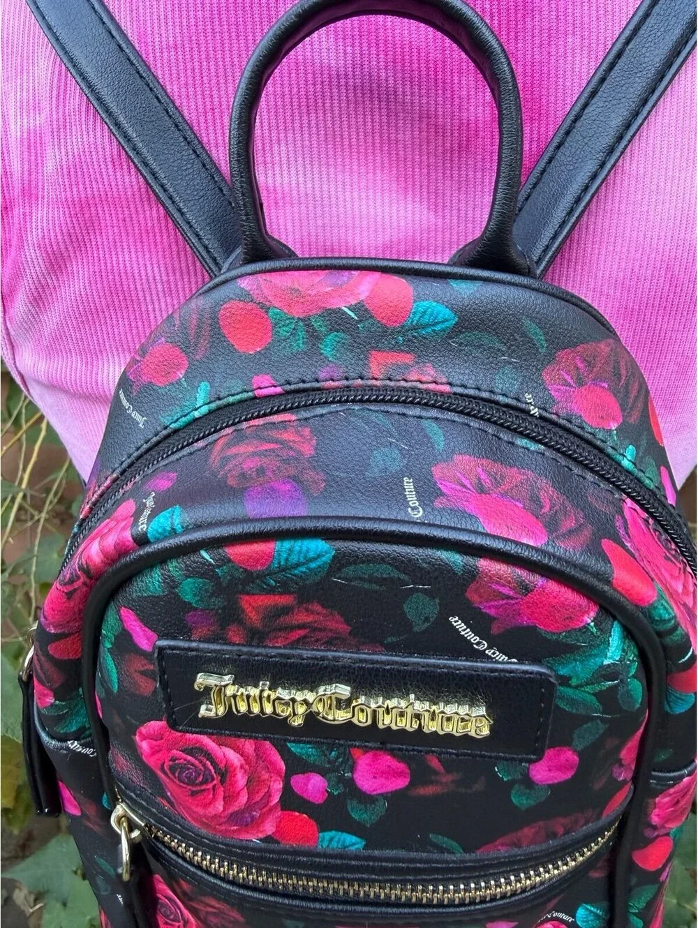 Juicy Couture Pink Red & Black Rose Print Mini Backpack